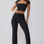 Mesh Mid Rise Twist Overlay Flare Trousers in Black - Image 7
