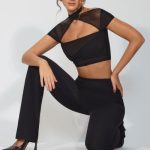 Mesh Mid Rise Twist Overlay Flare Trousers in Black - Image 8
