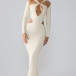Premium Jersey Long Sleeve Cut Out Maxi Dress in Ivory