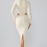 Premium Jersey Long Sleeve Cut Out Maxi Dress in Ivory - Image 2
