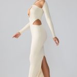 Premium Jersey Long Sleeve Cut Out Maxi Dress in Ivory - Image 3