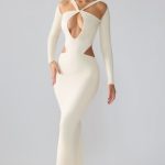 Premium Jersey Long Sleeve Cut Out Maxi Dress in Ivory - Image 8