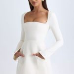 Square-Neck Structured Tulip Mini Dress in Vanilla