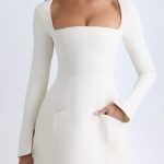Square-Neck Structured Tulip Mini Dress in Vanilla - Image 2