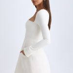 Square-Neck Structured Tulip Mini Dress in Vanilla - Image 4
