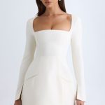 Square-Neck Structured Tulip Mini Dress in Vanilla - Image 6
