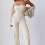 Bandeau Kick Flare Chunky Knit Jumpsuit in Cream