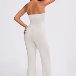 Bandeau Kick Flare Chunky Knit Jumpsuit in Cream - Image 2