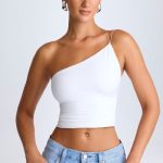 One-Shoulder Lace-Up Top in White - Image 6