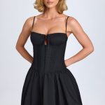 Pintucked Shirred Mini Dress in Black - Image 7