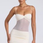 Sheer Panelled Ruched Mini Dress in Ivory