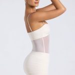 Sheer Panelled Ruched Mini Dress in Ivory - Image 3
