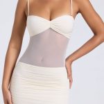 Sheer Panelled Ruched Mini Dress in Ivory - Image 4