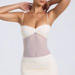 Sheer Panelled Ruched Mini Dress in Ivory - Image 5