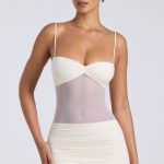 Sheer Panelled Ruched Mini Dress in Ivory - Image 6