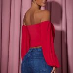 Off-Shoulder Draped Balloon-Sleeve Top in Red - Image 2