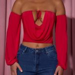 Off-Shoulder Draped Balloon-Sleeve Top in Red - Image 4