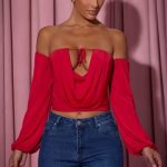 Off-Shoulder Draped Balloon-Sleeve Top in Red - Image 5