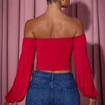 Off-Shoulder Draped Balloon-Sleeve Top in Red - Image 6