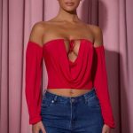 Off-Shoulder Draped Balloon-Sleeve Top in Red - Image 7