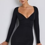 Modal Ruched Long-Sleeve Mini Dress in Black