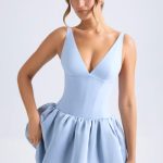 Lace-Up Bubble Hem Corset Micro Mini Dress in Light Blue