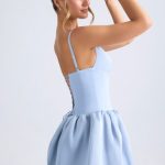 Lace-Up Bubble Hem Corset Micro Mini Dress in Light Blue - Image 3
