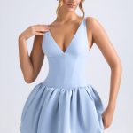 Lace-Up Bubble Hem Corset Micro Mini Dress in Light Blue - Image 5
