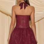 Embellished Halterneck Bubble Hem Mini Dress in Wine Red - Image 3