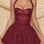 Embellished Halterneck Bubble Hem Mini Dress in Wine Red - Image 6