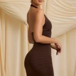 Slinky Jersey Ruched Halterneck Mini Dress in Chocolate Brown - Image 7