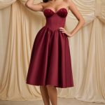 Strapless Corset Midi Dress in Wine Red - Image 6
