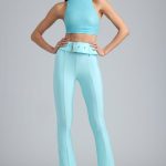 Petite Metallic Belted Mid-Rise Flared Trousers in Ice Blue