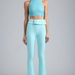 Petite Metallic Belted Mid-Rise Flared Trousers in Ice Blue - Image 5