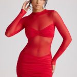 Sheer Panelled Long Sleeve Mini Dress in Fire Red