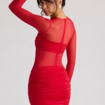 Sheer Panelled Long Sleeve Mini Dress in Fire Red - Image 2