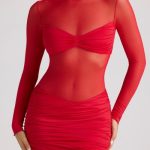 Sheer Panelled Long Sleeve Mini Dress in Fire Red - Image 4