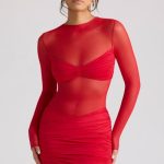 Sheer Panelled Long Sleeve Mini Dress in Fire Red - Image 6