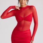Sheer Panelled Long Sleeve Mini Dress in Fire Red - Image 7