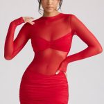 Sheer Panelled Long Sleeve Mini Dress in Fire Red - Image 8