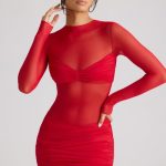 Sheer Panelled Long Sleeve Mini Dress in Fire Red - Image 9
