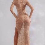Sheer Embellished Long Sleeve Evening Gown in Almond - Image 2