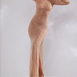 Sheer Embellished Long Sleeve Evening Gown in Almond - Image 4
