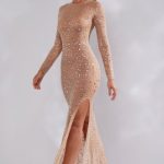 Sheer Embellished Long Sleeve Evening Gown in Almond - Image 5