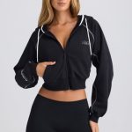 Zip-Up Cropped Hoodie in Black