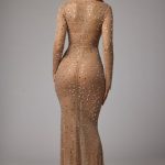 Sheer Embellished Long Sleeve Evening Gown in Almond - Image 2