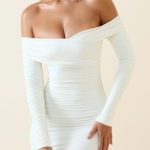 Off-Shoulder Ruched Bodycon Mini Dress in Vanilla - Image 4