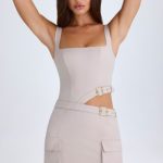 Belted Cut-Out Mini Dress in Taupe - Image 7