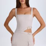 Belted Cut-Out Mini Dress in Taupe - Image 8