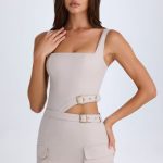 Belted Cut-Out Mini Dress in Taupe - Image 9